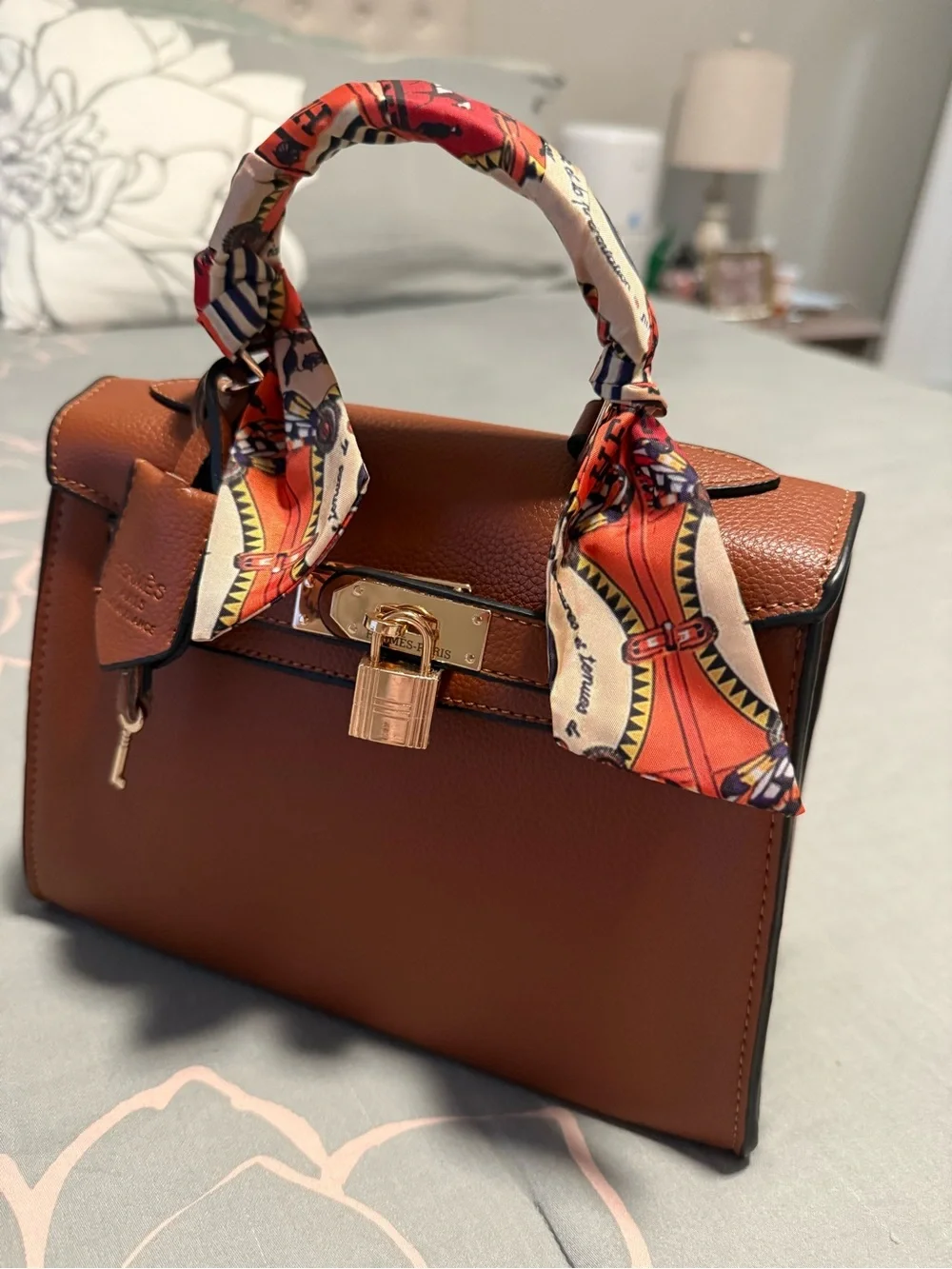 Tan Leather Top-Handle Handbag with Scarf-Wrapped Handle